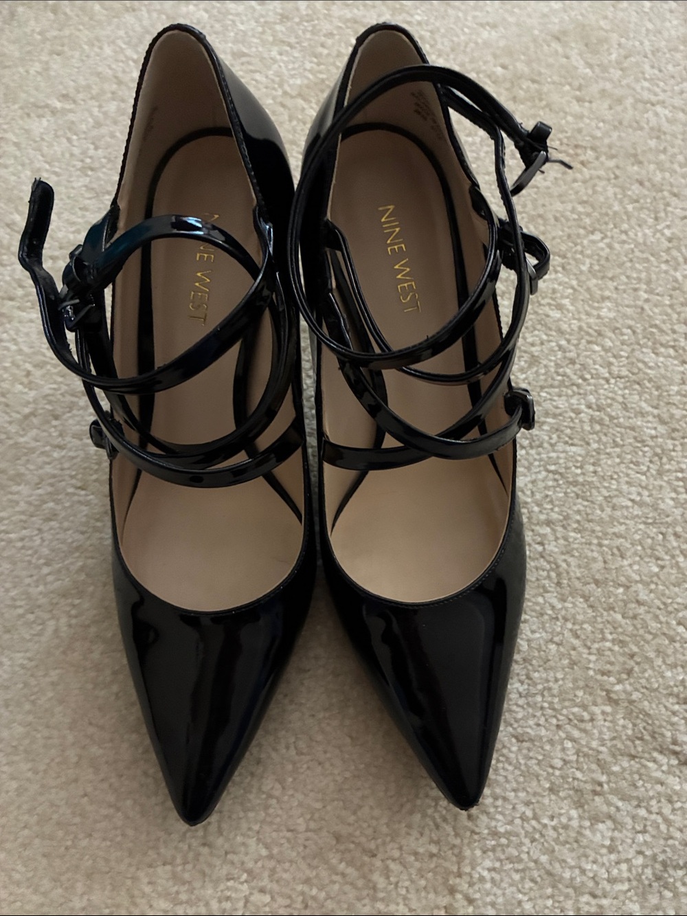 Nine West Black Patent Pointed-Strap Heels